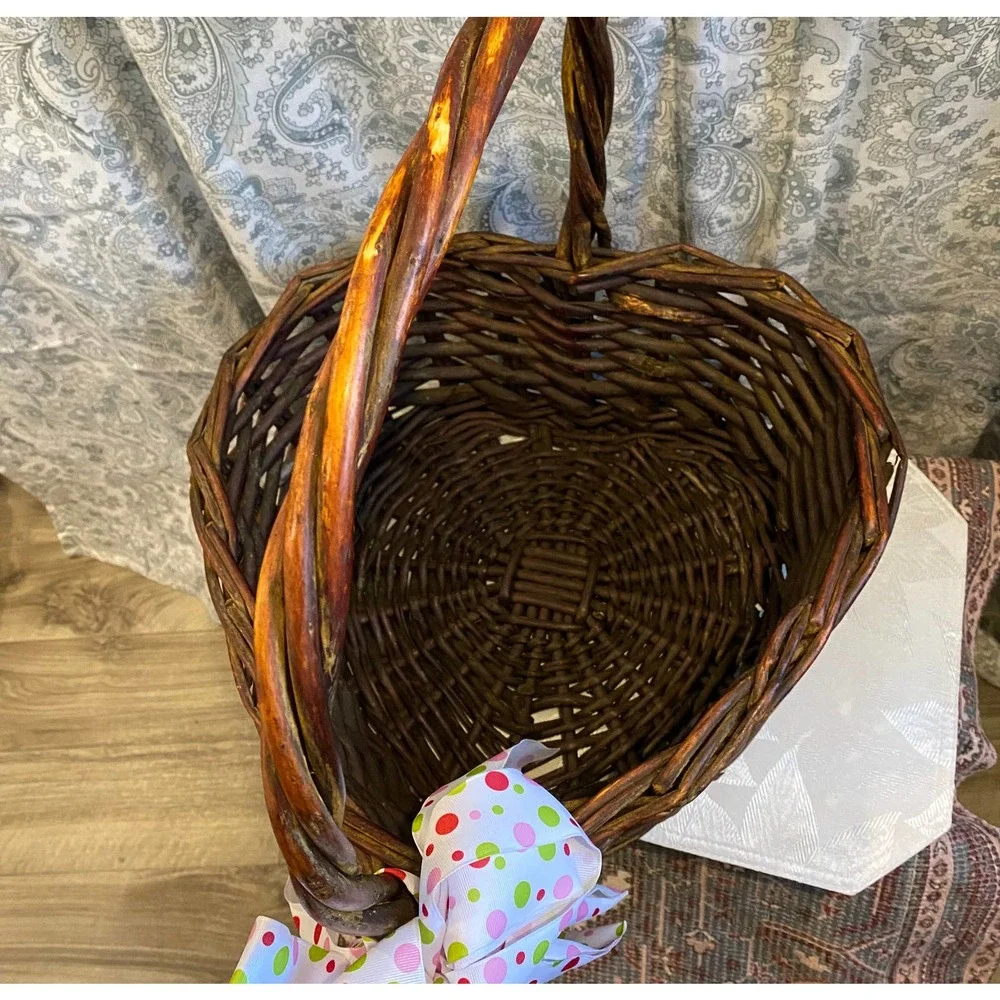 Rustic Heart Shaped Basket, Excelsior, Polka‎ Dot Ribbon Bow, Twisted Handle